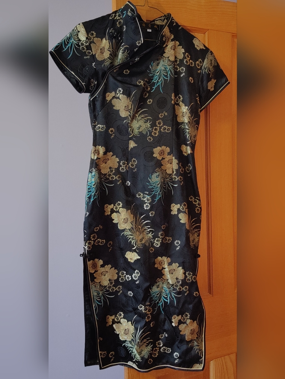 Black Floral Satin Cheongsam Dress with Gold & Teal Accents